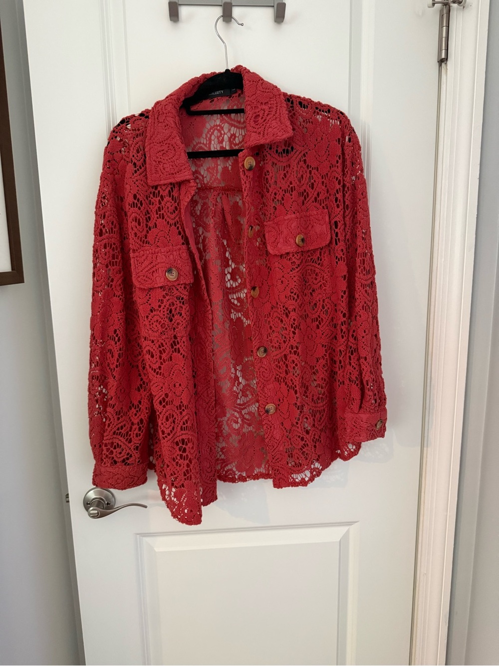 Coral Crochet Lace Button-Front Shirt Jacket